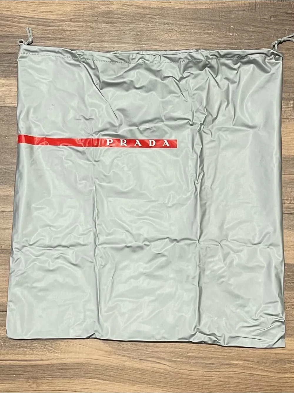 Large! Prada Linea Rossa Silver Vinyl Drawstring Dust Bag with Red Logo!